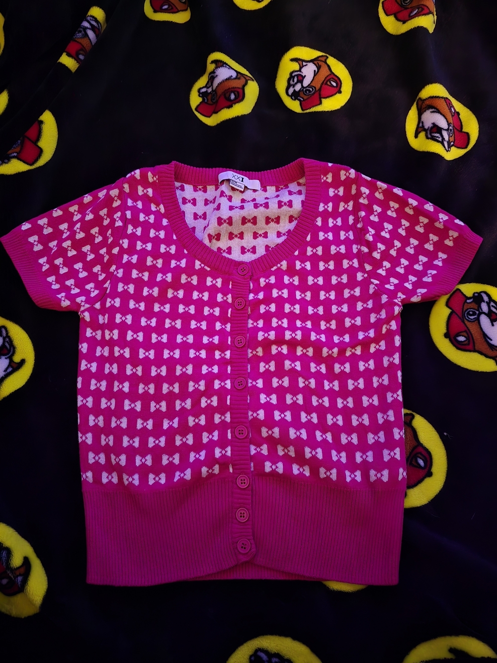Forever 21 Hot Pink Short-Sleeve Bow Pattern Cardigan